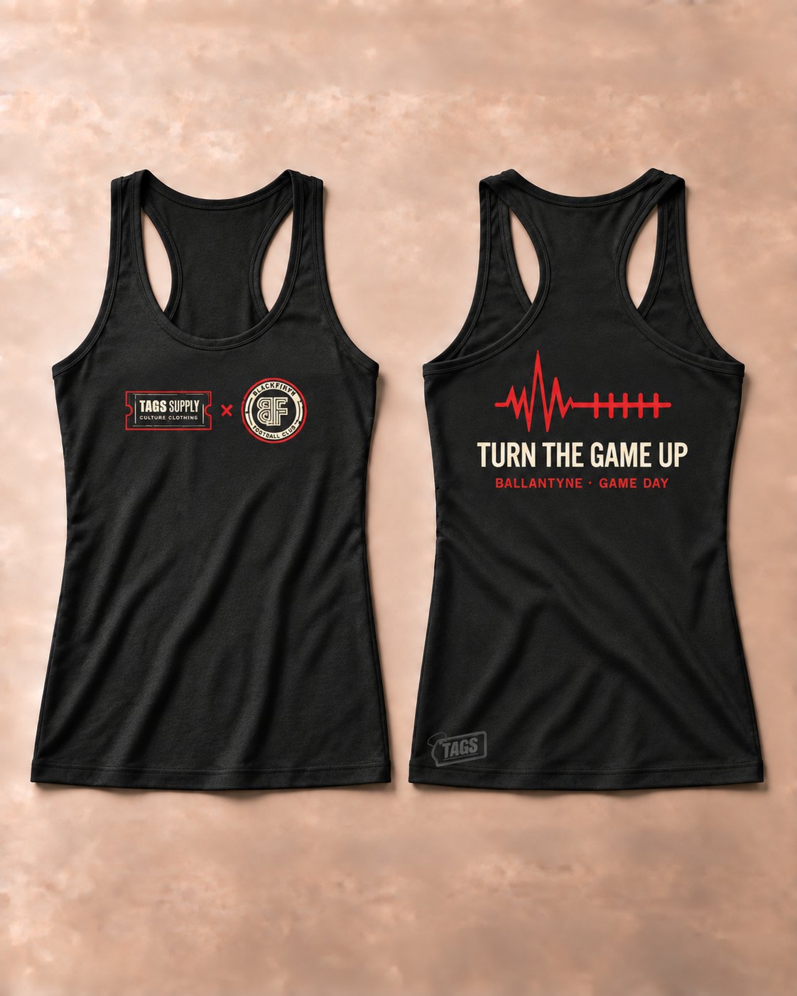Black tank, front and back. Back reads Turn the game up.