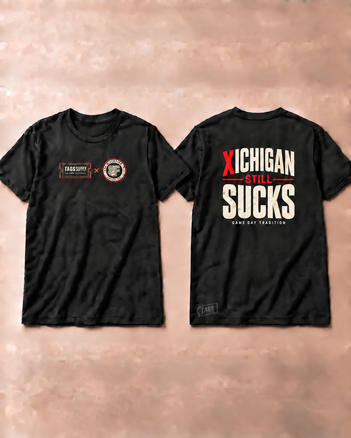 Black tee, front and back. Back reads Xichigan still sucks.
